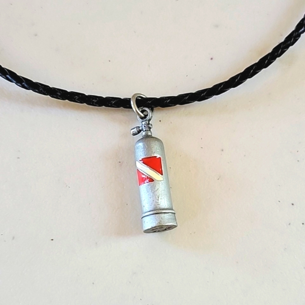 Big Blue Signed Fire Extinguisher Leather Corded Necklace View 2